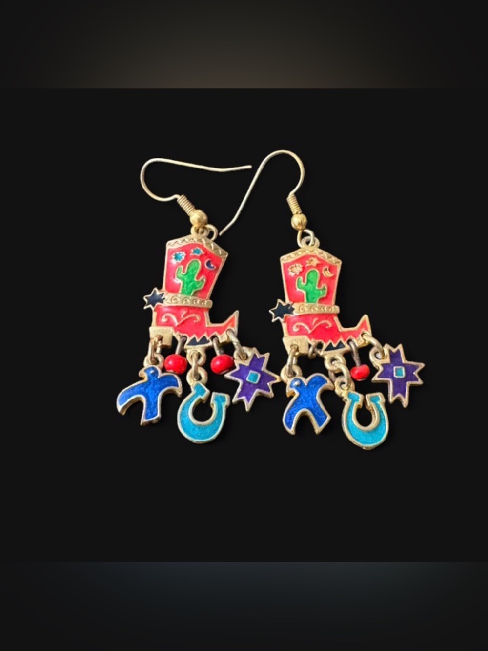Vintage Edgar Berebi Southwestern Cowboy Boot Dangle Charm Earrings Enamel 80s